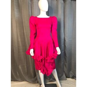 Vintage Hot Pink Linen Cocktail Dress w/ Long Peplum Sz 6